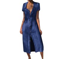 Women Casual Solid Casual Button Dress Sleeve Loose Party Long Dress Blue