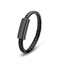 USB Leather Charging Bracelets Portable Braided Wrist Band Cable Data Charger Type C(7.9 inch) (Hematite Metal+Black Leather)