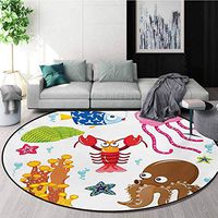 RUGSMAT Toddler Machine Washable Round Bath Mat,Under The Sea Wildlife Theme Funny Creatures in Cartoon Style Fun Ocean Aquarium Non-Slip No-Shedding Bedroom Soft Floor Mat,Round-63 Inch