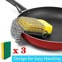 Cast Iron Cleaner, Hawaoo Stainless Steel Cast Iron Double Chainmail Scrubber Perfect for Cookware Black Hardened, Pasta, Residue, More Easy to Grip (Cleaner + 3pcs Sponges)