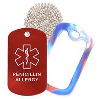 Penicillin Allergy Medical Alert ID Necklace with Red Tag, Red/White/Blue Silencer, and 30'' USA Chain - 154 Color Choices