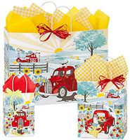 Sunflower Red Truck Gift Bags - Gift Bags with Tissue Paper | All Included Matching Gift Wrap | Assorted Sizes Small Medium Large | Summer Gift Bags Yellow Gingham (Sunflower RED Truck)