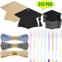 WooKun 300 Pcs Graduation Season Gift Tag with Black Bachelor Hat Gift Tags,32.8 Feet Lafite Straw Rope and 9 PCS Color Pen for Graduation Gift Wrapping (Black+Kraft Paper)