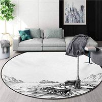 RUGSMAT Sketchy Modern Washable Round Bath Mat,Bench and Lantern in The Middle of Ocean Waves Mountains Rocks Artistic Monochrome Non-Slip Bathroom Soft Floor Mat Home Decor,Diameter-35 Inch
