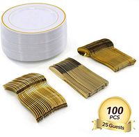 100 Pieces Disposable Plastic Plates Compostable Premium Bamboo Plates with Gold Rim For Party Wedding birthdays 25 Dinner Plates 10.25"|25 Knives| 25 Forks|25 Spoons