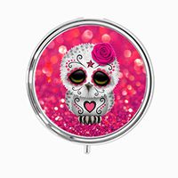 Udoosun Cute Pink Day Of The Dead Sugar Skull Owl Custom Personlized Round Tablet Medicine Pocket Purse Travel Pill Vitamin Decorative Box Case Holder