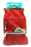 Women's Genuine Leather Cigarette Case Coin Purse Double Twist Clasp Closure Zipper Pocket- RED
