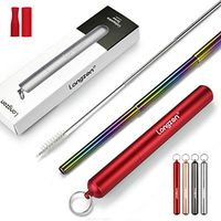 Longzon Reusable Collapsible Metal Straws, Foldable Portable Rainbow Telescopic Stainless Steel Drinking Straw with Travel Key-chain Case & Cleaning Brush (Red)