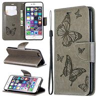 Cfrau Wallet Case with Black Stylus for iPhone 6s Plus,Pretty 3D Butterflies Embossed Magnetic Flip PU Leather Card Slots Kickstand Wrist Strap Case for iPhone 6 Plus/6S Plus 5.5 inch - Gray