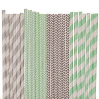 Biodegradable Paper Straws Mix, Mint Green Grey, Striped Chevron (25)