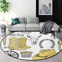 Western Non-Slip Area Rug Pad Round,Cowboy Rodeo Accessories Skull Lasso Hat Vintage Wheel Horseshoe Protect Floors While Securing Rug Making Vacuuming,Round-51 Inch Pale Brown Black Pale Grey