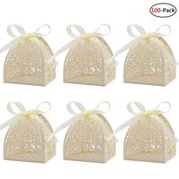 Faylapa 100Pcs Rose Laser Cut Wedding Candy Box Party Favor Chocolate Gift Hollow Boxes Bridal Birthday Shower Bomboniere with Ribbons,Beige
