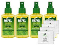 Repel Plant-Based Lemon Eucalyptus Insect Repellent, Pump Spray, 4-Ounce(4 Count) W/ 4 HAO Moist Towelettes