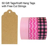 Wrapables 50 Scalloped Gift Tags/Kraft Hang Tags with Free Cut Strings & Set of 3 Washi Tape for Gifts, Crafts & Price Tags - Pink Pleasure