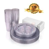 Silver Disposable Dinnerware - 25 Guest, 175 Pack Of Heavy-Duty Plastic Party - 25 Dinner Plates 10.25", 25 Dessert Plates 7.5", 25 Cups, 25 Napkins, 25 Forks, 25 Spoons, 25 Knives, by Fete