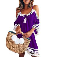 WENOVL Plus Size Dresses,Women Off Shoulder Dress Tassel Short Cocktail Party Beach Dresses Sundress Purple
