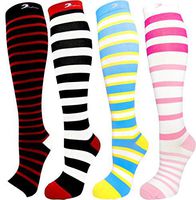 4 Pair Graduated Compression Socks 15-20 mmHg Guaranteed to Fit Wide Calves and Larger Sizes. For Travel, Knee-High, Mens & Womens Comfort Blend. Stylish Knee-High Designs. Multi-color Stripe. L/XL