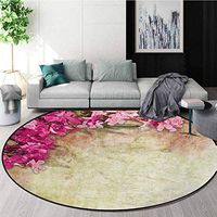 RUGSMAT Floral Art Deco Pattern Non-Slip Backing Round Area Rug,Vintage Illustration of Oleander Flowers Distressed Retro Background Study Super Soft Carpet,Diameter-47 Inch Pink Green Pale Yellow