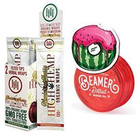 25 Packs (50 Total Wraps) Blazing Cherry Flavor Organic Hemp Wraps with Filter Tip + Beamer 3-Piece 63mm Acrylic Grinder with Storage Compartment + Beamer Smoke Sticker