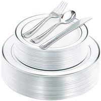 NERVURE 125 Piece Silver Rim Plastic Plates & Silver Plastic Silverware, Service for 25 Guests : 25 Dinner Plates,25 Dessert/Salad Plates 25 Forks,25 Knives, 25 Spoons.