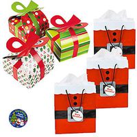 24 Pack Christmas and Holiday Gift Wrapping and Gift Box Party Pack With 12 Red and Green Cardstock Holiday Boxes with Bows, 12 Medium Sized Santa Gift Bags With Tags, and Holiday Pin