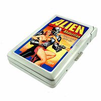 Cigarette Case with Built in Lighter Vintage Alien Abduction S1 Smoking King Size Cigarettes Silver Metal Wallet 4" X 2.75" RFID Protection Space Invaders