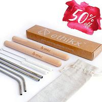 Stainless Steel Reusable Straws With Case By ethikx - Includes 4 Straws + 2 Handcrafted Wooden Travel Cases + 2 Cotton Cleaning Brushes + Recycled Cotton Pouch, 8.5 inch