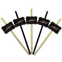 'Celebrate' Black and Gold Striped Paper Party Straw Decor - Set of 24 Classy, Decorative, Biodegradable Party Straws