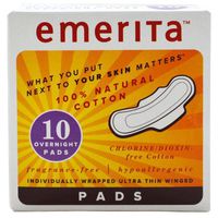 Emerita Feminine Hygiene Products Ultra Thin Pads, Overnight with Wings 10 count Natural Cotton Pads (a)