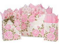 Gift Bags, Assorted Sizes, Bundled with Coordinating Tissue Paper and Raffia Ribbon (Cottage Rose)