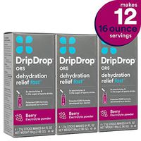 DripDrop ORS, Patented Electrolyte Powder for Dehydration Relief Fast,  Workout, Hangover, Illness, Sweating & Travel Recovery, Berry, (4 Count of 0.74 oz Sticks) 2.96 oz, Pack of 3