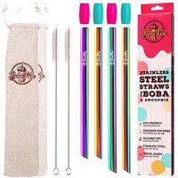 BOBA FIDE Rainbow Stainless Steel Boba & Smoothie Straws + Safety Silicone Tips & Brushes in 2 Cases, Angled Tip Extra Wide Bubble Tea Milkshake Straws, 4 Reusable Metal Straws in 2 Sizes For Family