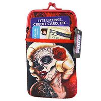 Rhinestone Encrusted Neoprene Soft Cigarette Case with Snap Clasp Closure and Printed Design - Skeleton Woman