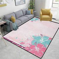 YucouHome Flower Natural Fiber Area Rug for Baby Nursery, Bouquet of Hibiscus Florets Exotic Nature Watercolor Style Artwork, Easy Maintenance Area Rug Living Room Bedroom Carpet(2.5'x 7')