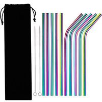 Hestya 10 Pieces Reusable Metal Drinking Straws, Stainless Steel Straws with 2 Pack Cleaning Brushes, Bent and Straight Straws (Rainbow)