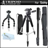 Triple Tripod Accessory Bundle Kit for Sony HDR-CX220 HDR-CX230 HDR-CX290 HDR-PJ230 HDR-CX380 HDR-PJ380 HDR-CX430V HDR-TD30V HDR-PJ650V HDR-PJ790V HD Camcorder Includes 57 Tripod + Monopod + More