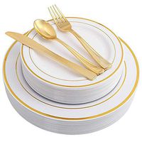 Gold Splendor 500 Piece Pack Premium Plastic Plates and Cutlery Set for 100 Guests – 100pc 10” Dinner, 100pc 7” Salad/Dessert, 100pc Forks, 100pc Spoons, 100pc Knives (White w/Gold Rim)