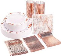 NERVURE 175PCS Rose Gold Marbling Disposable Plastic Plates and Silverware Set：25 Dinner Plates,25 Dessert Plates, 25 Forks,25 Knives, 25 Spoons, 25 Cups,25 Napkins.