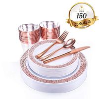 150 Piece Rose Gold Dinnerware Set with Plastic Silverware, Elegant Lace Disposable Plastic Plate Setting Includes: 25 Dinner Plates, 25 Dessert Plates, 25 Forks, 25 Knives, 25 Spoons, 25 Cups…