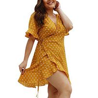 JQjian Womens Fashion Short Sleeve V-Neck Polka Dot Wrap Loose Mini Dress Summer Holiday Dress (3XL, Yellow)