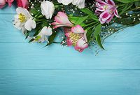 Laeacco Photography Background 7x5ft Fresh Flowers on Turquoise Wooden Background Vivid Flowers Blossoms Invitation Party Decoration Mother's Day Valentines Day Backdrops Studio