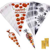 MIAHART 200 Counts Halloween Cone Bags Halloween Clear Cellophane Bags Treat Bags with 200 Pieces Twist Ties for Halloween Party Supplies(Pumpkins and Spider)