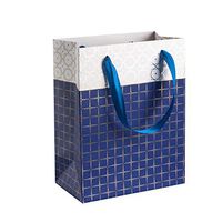Small Box Design Foil Stamped Gift Bags Set (12 Pack)- 9”x 7”x 4” Unique Design with Durable Ribbon Handles, Beautiful Present Bags Best for Birthday, Wedding and Party Favors (Blue)