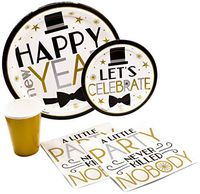 Dapper New Year Pack! Disposable Paper Plates, Napkins and Cups Set for 17 (With free extras) - Includes dessert plates, dinner plates, napkins and cups