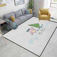 YucouHome Hello Fruit Extra Large Area Rug, Summer Inspiration with Hand Drawn Bird and Windsurf Board Cartoon Style, Fashionable High Class Living Dinning Room(4'x 6') Mint Green Yellow Pink