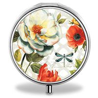 Floral Pill Case, Round Stainless Drug Organizer Container Medicine Cover for Pocket Daily&Weekly