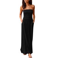 Women's Bandeau Holiday Off Shoulder Long Dress Ladies Summer Solid Maxi Vacation Tube Tops Maxi Dresses Black