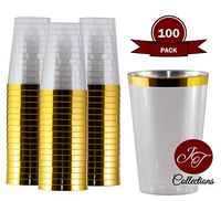 100 Gold Plastic Cups 12 oz - Gold Rim Disposable Cups | Elegant Fancy Wedding & Party Tumblers | Disposable Clear Plastic Cups