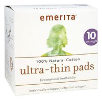 Emerita 100% Natural Cotton Ultra-Thin Pads, Overnight, 10 Pads