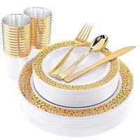 WDF 150 Gold Disposable Plates & Plastic Silverware &Plastic Cups, Lace Dinnerware : 25 Dinner Plates 10.25 inch, 25 Dessert Plates 7.5 inch, 25 Tumblers 10 oZ, 25 Forks, 25 Knives, 25 Spoons